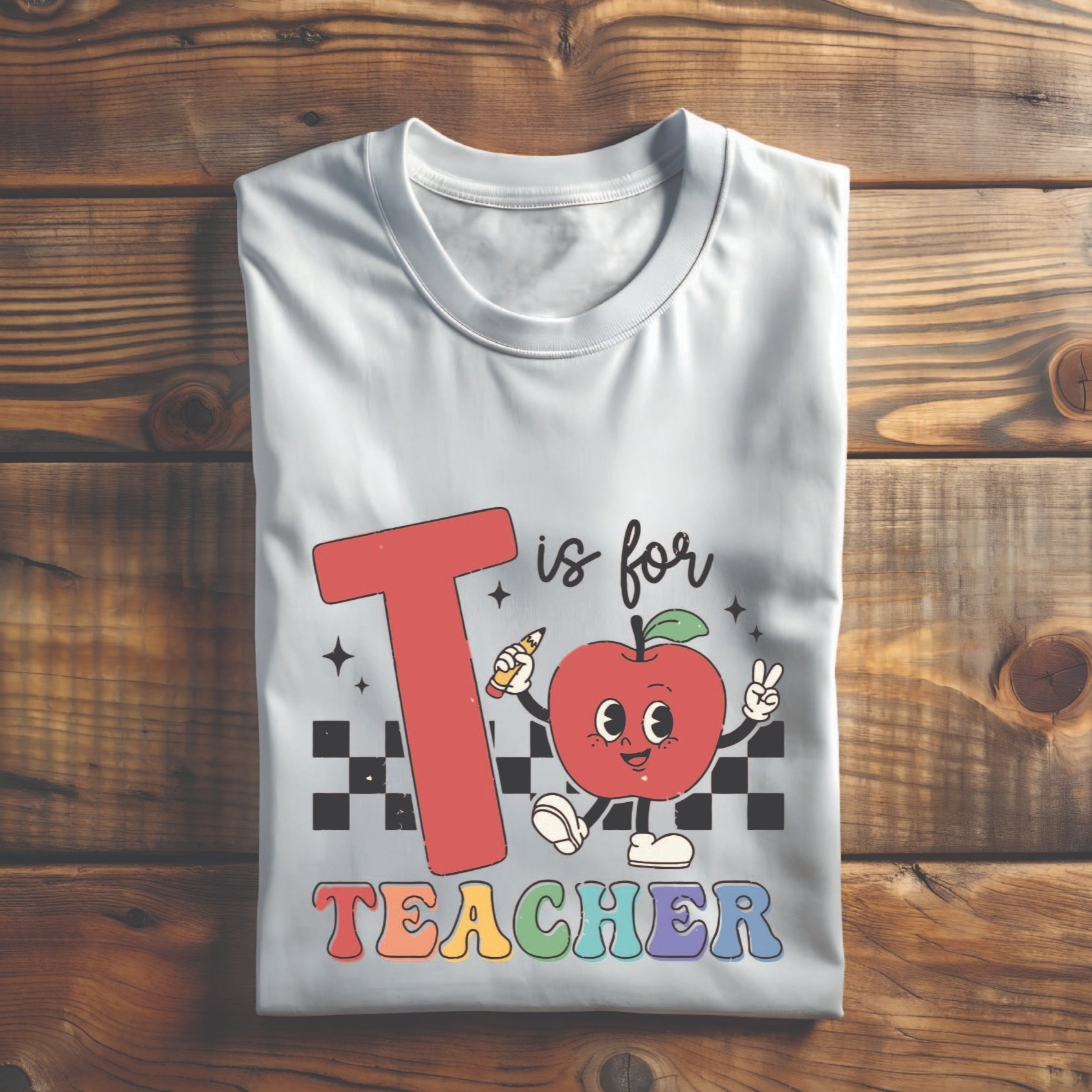 

T Is For Teacher Shirt, Trendy , Teacher Appreciation Gift, Apple And Pencil Crew Neck Short Sleeve Shirt.