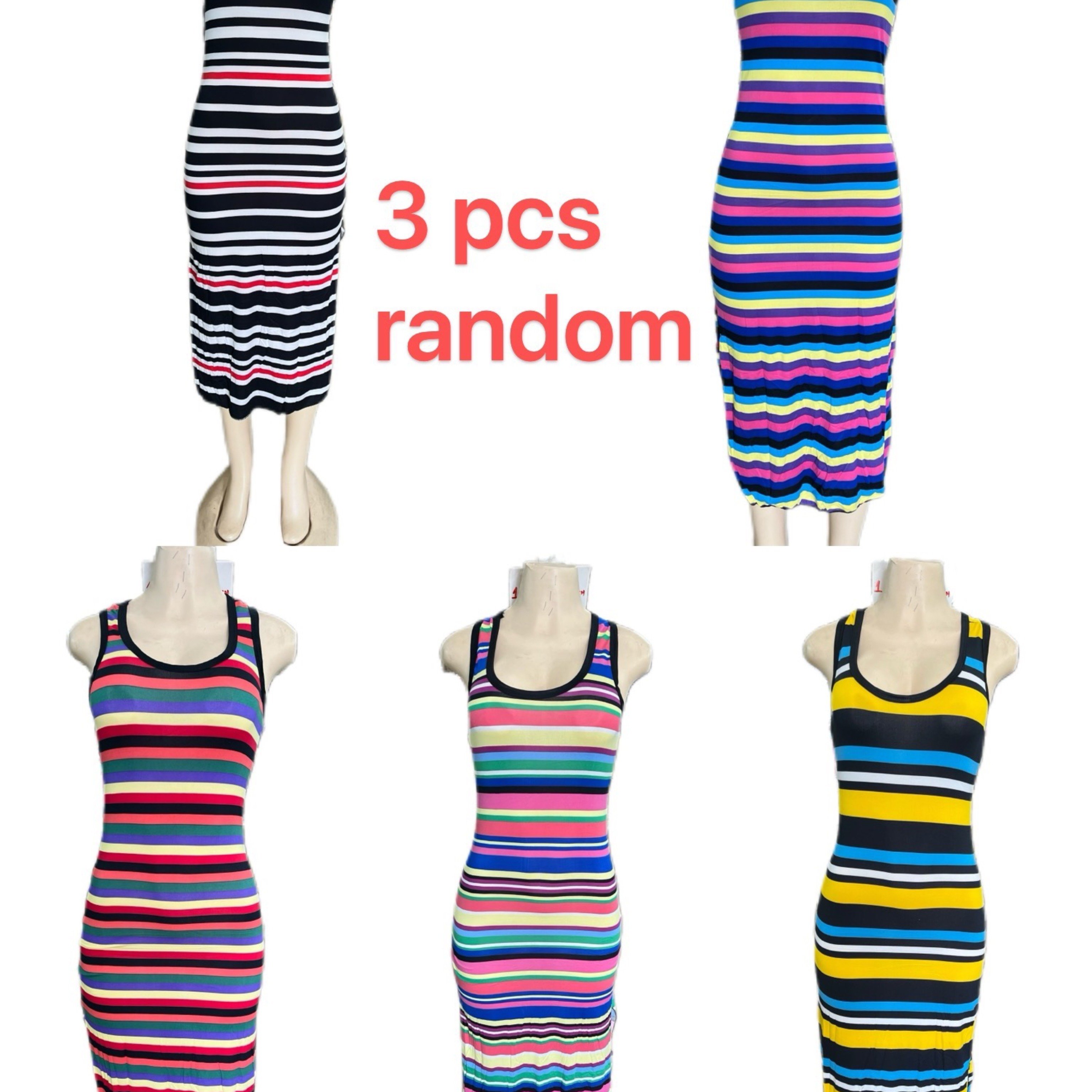 

P0063 3pcs Random Color Vibrant Striped Crew Neck Midi Tank Dress - Soft Mid-elasticity Polyester Fabric, Casual Sleeveless Slim Fit, Hand Washable, Perfect For Spring & Summer, Womens Clothing