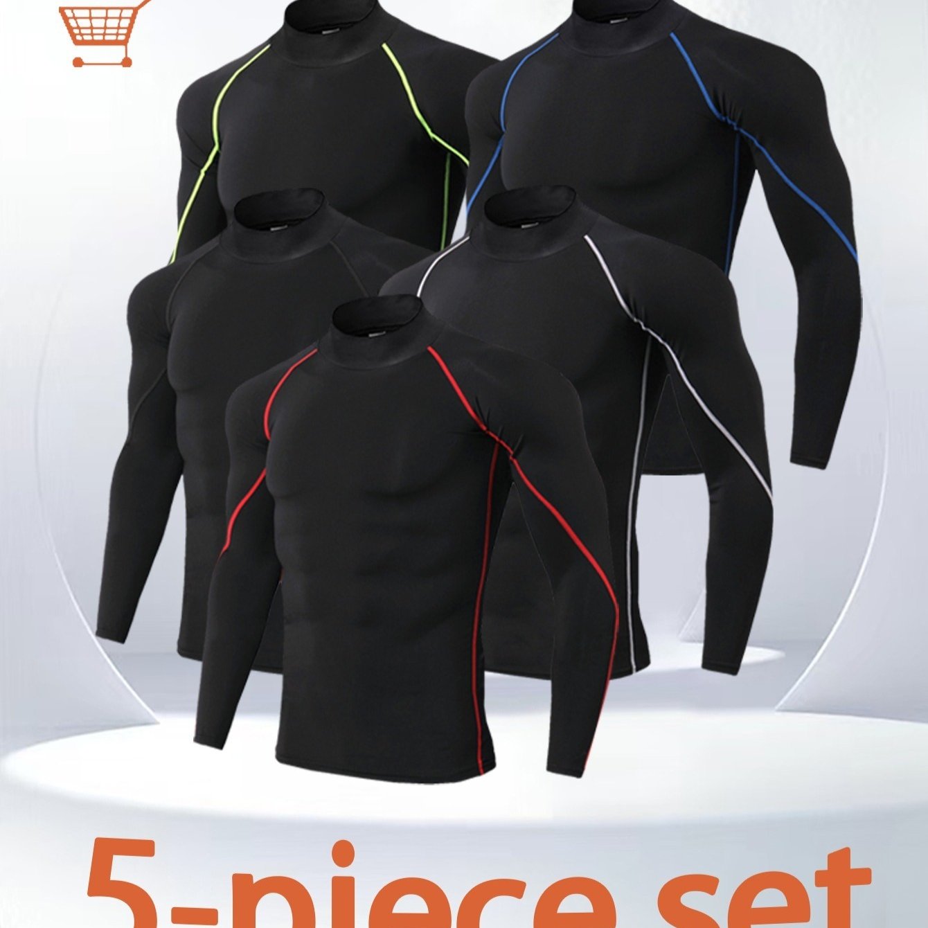 

5 Pack Men's Turtleneck Fitness Long Sleeve Quick , Breathable And Comfortable Tights For Gym, Sports, Training, Running, Fishing