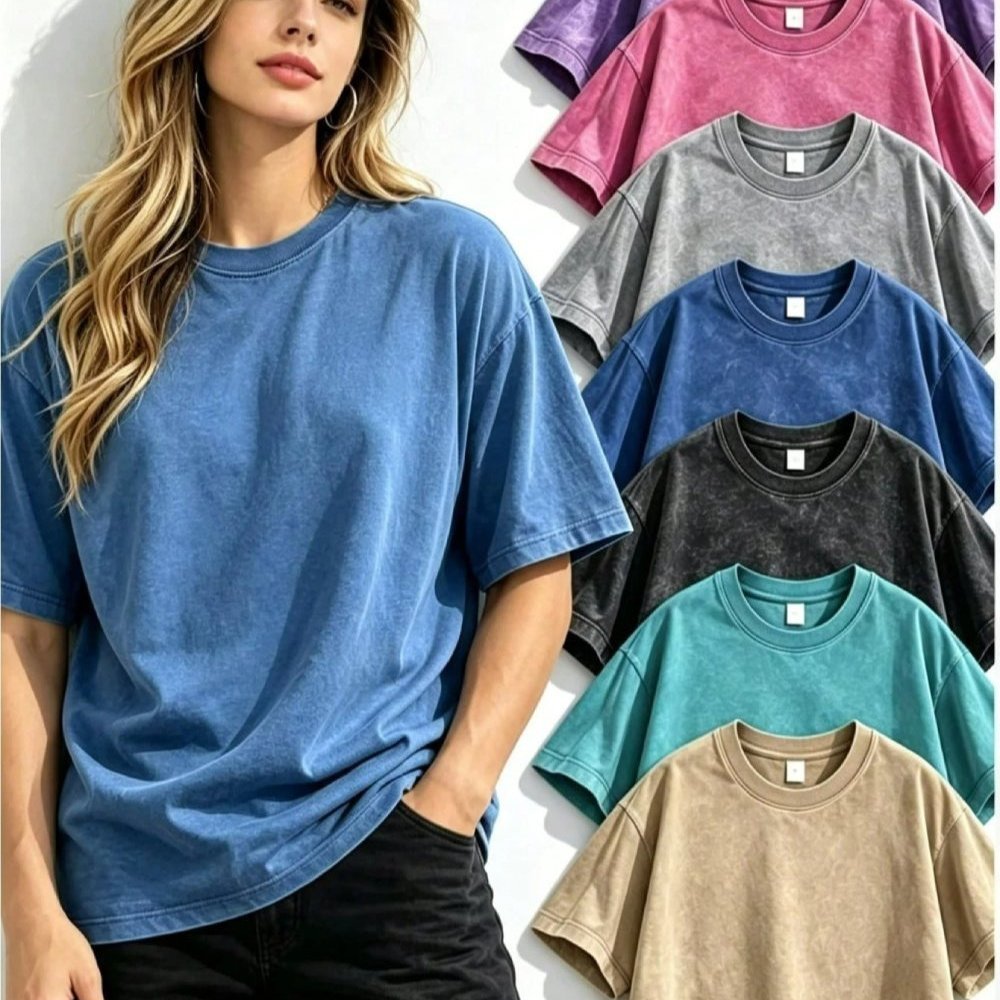 TEMU 1pc Soft Acid Wash Cotton Women Crew Neck Short Sleeve Tee, Vintage Solid Casual Summer Beach Vacation Multi Color
