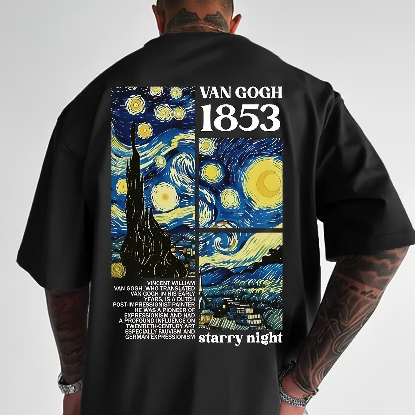Men's Casual T-shirt With Fashionable "starry Night" Van And 1853 Print, Comfortable Breathable Stretch Fabric For Home & Outdoor Sports, Spring/summer Top, Machine Washable, Short Sleeve Crew Neck