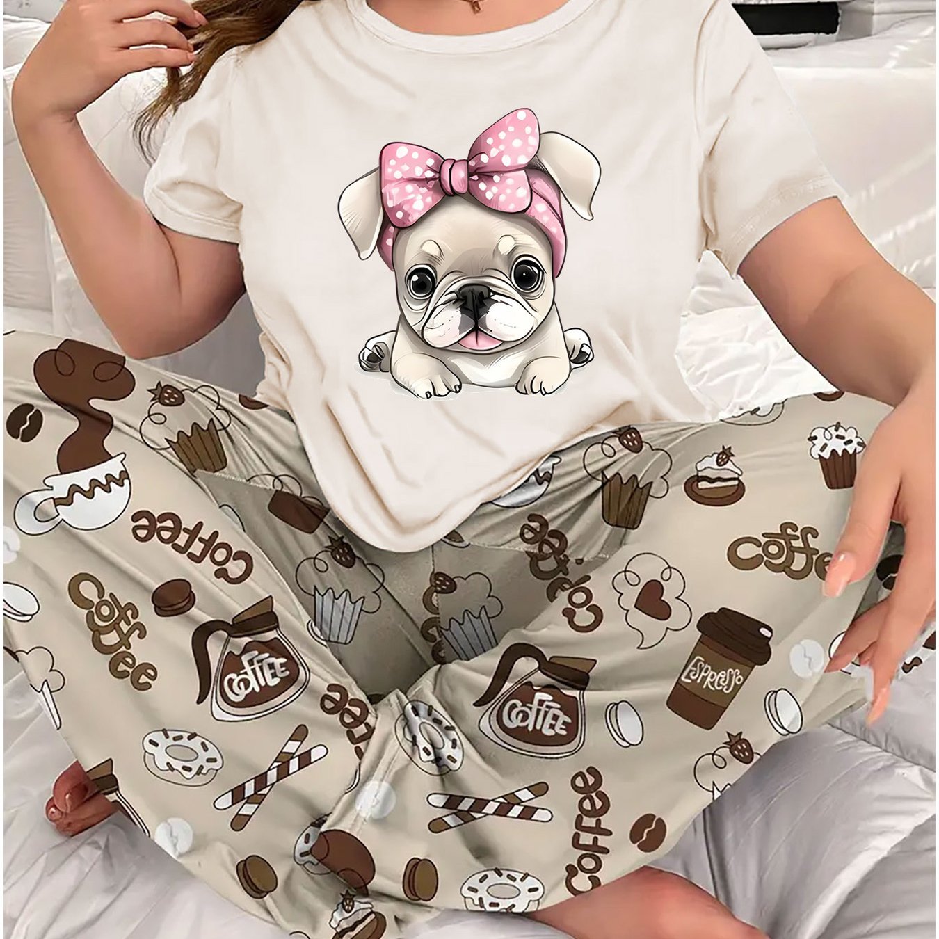 TEMU Women' T-shirt Cute French Bulldog With Pink Polka Dot Bow Graphic Tee, Breathable 100% Cotton Fabric, Machine Washable & Fade Resistant, Ideal