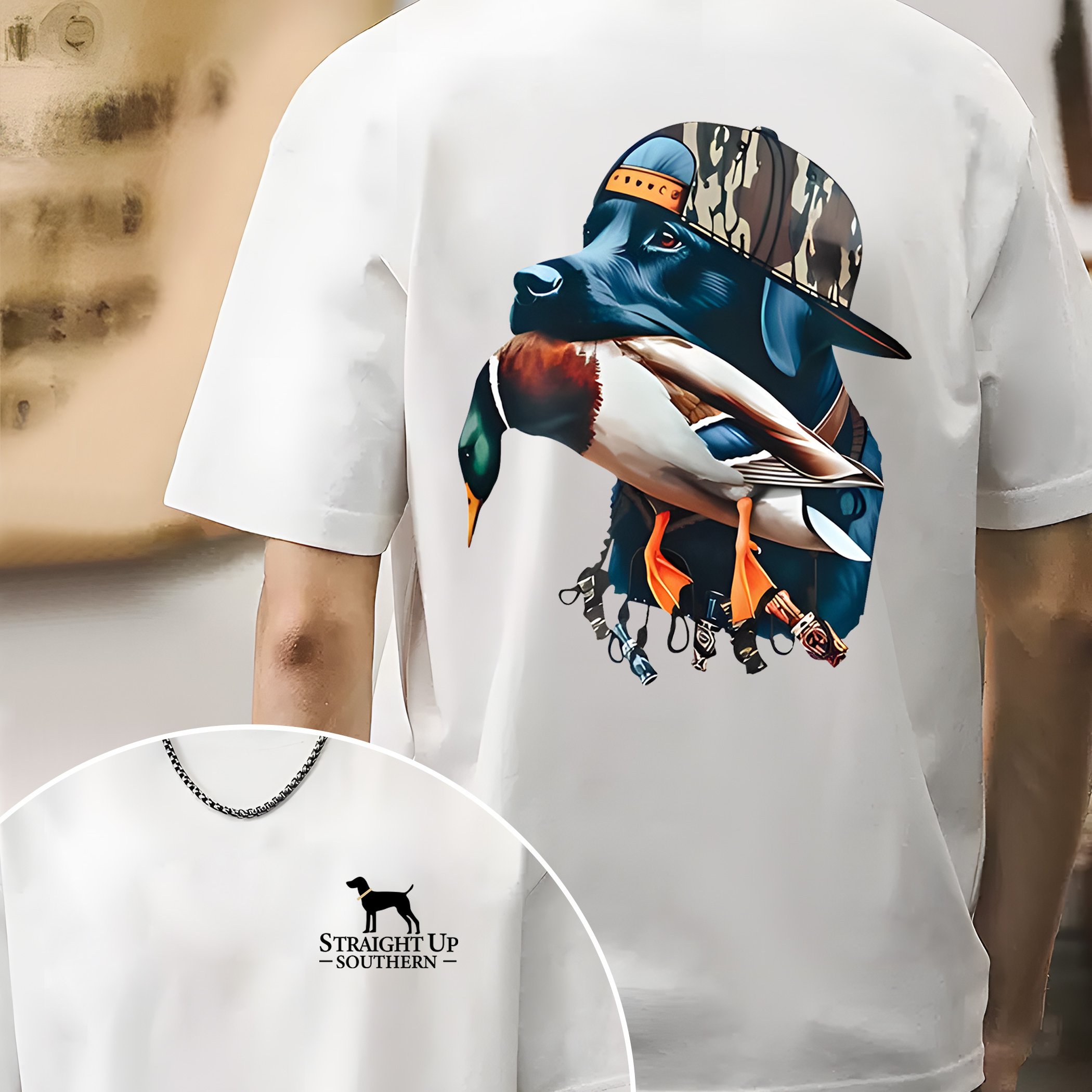 

Hunting Dog With Duck Cotton T-shirt - Relaxed Fit, Classic Crew Neckline, Short Sleeves For Comfort, Ideal For Casual And , Trendy And Fashionable Apparel