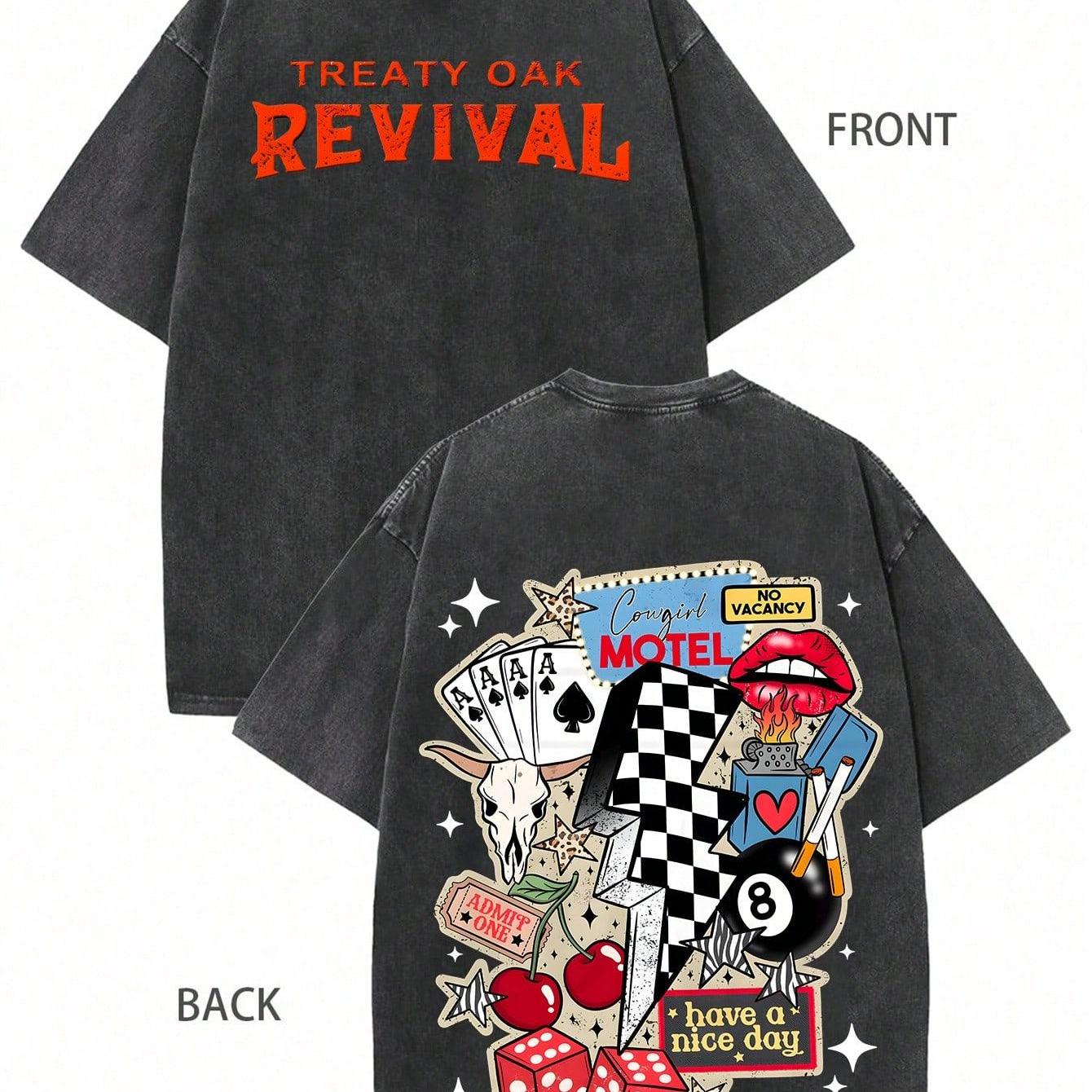 1 Large-sized Art " Oak Revival" Patterned T-shirt Suitable For Men And Women, Crew Neck, Slight Stretch Fabric, Perfect For Wear, Back-to-school Essential