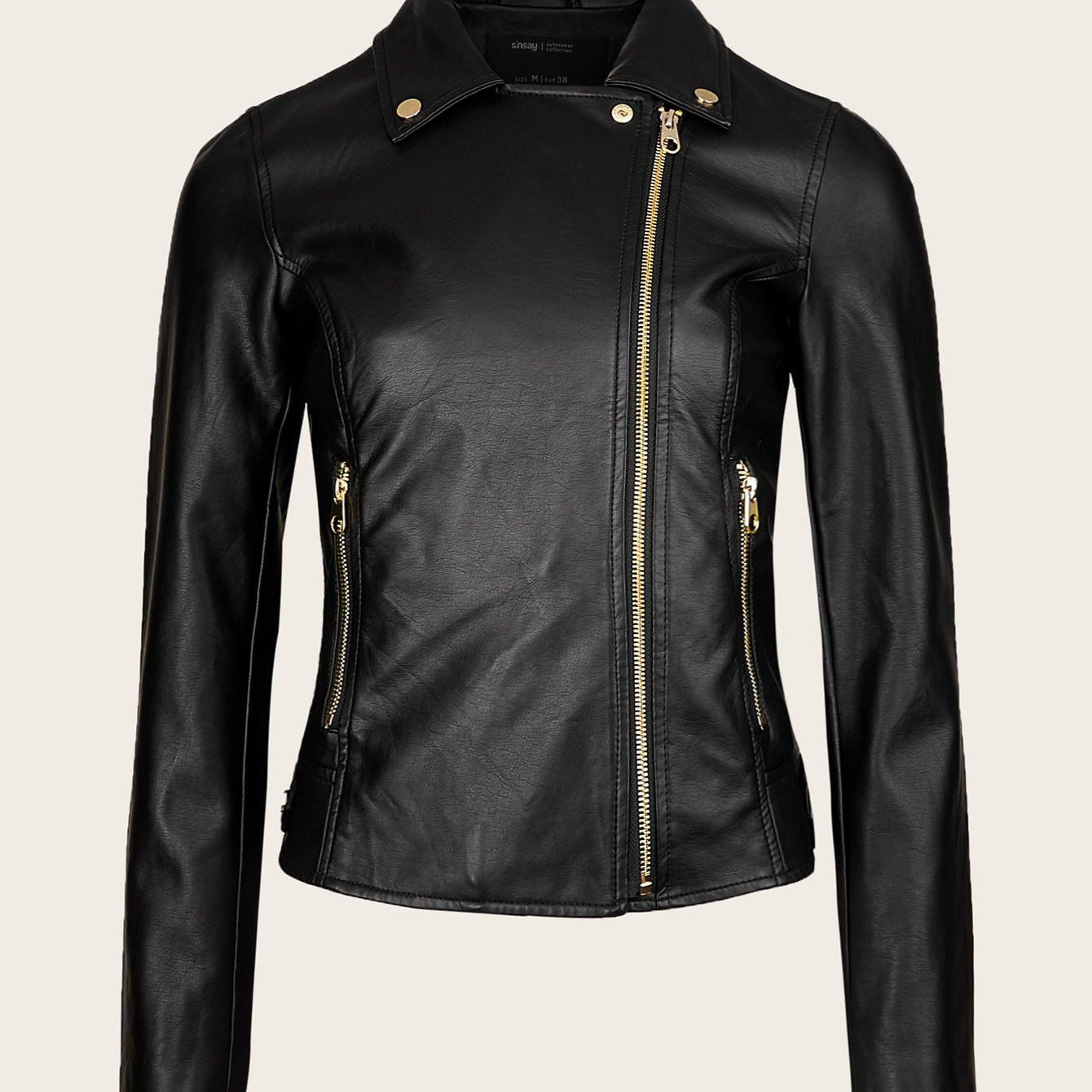 

Modern Black Pleather Motorcycle Biker Jacket With Gold Tone Zippers And Collar