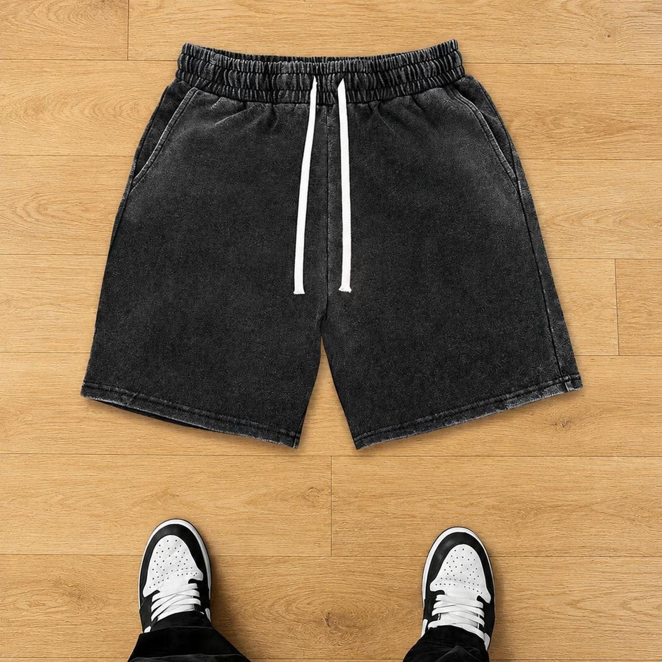 TEMU Men' Vintage Washed Black Shorts Featuring A Relaxed Fit, Elastic Waistband, And Adjustable White Drawstring