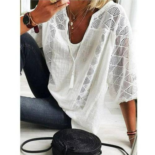 classic for women lace casual splicing solid color loose collar three sleeved top gown l 5xl