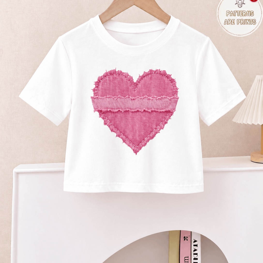 TEMU (only 1pc T-shirt)girls Heart Print T-shirt, Casual Short Sleeve Top, Cute Frayed , Daily Wear Tee