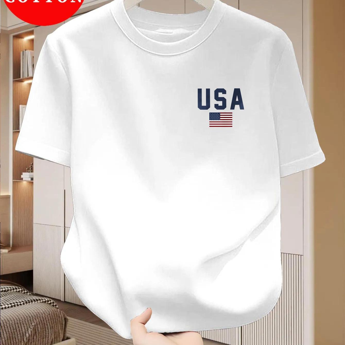 TEMU 100% Cotton Men's T-shirt, Summer Short Sleeve , Trendy Fashion Slim Fit Versatile Daily Casual Youth Base Layer, Usa Letter American Flag Print