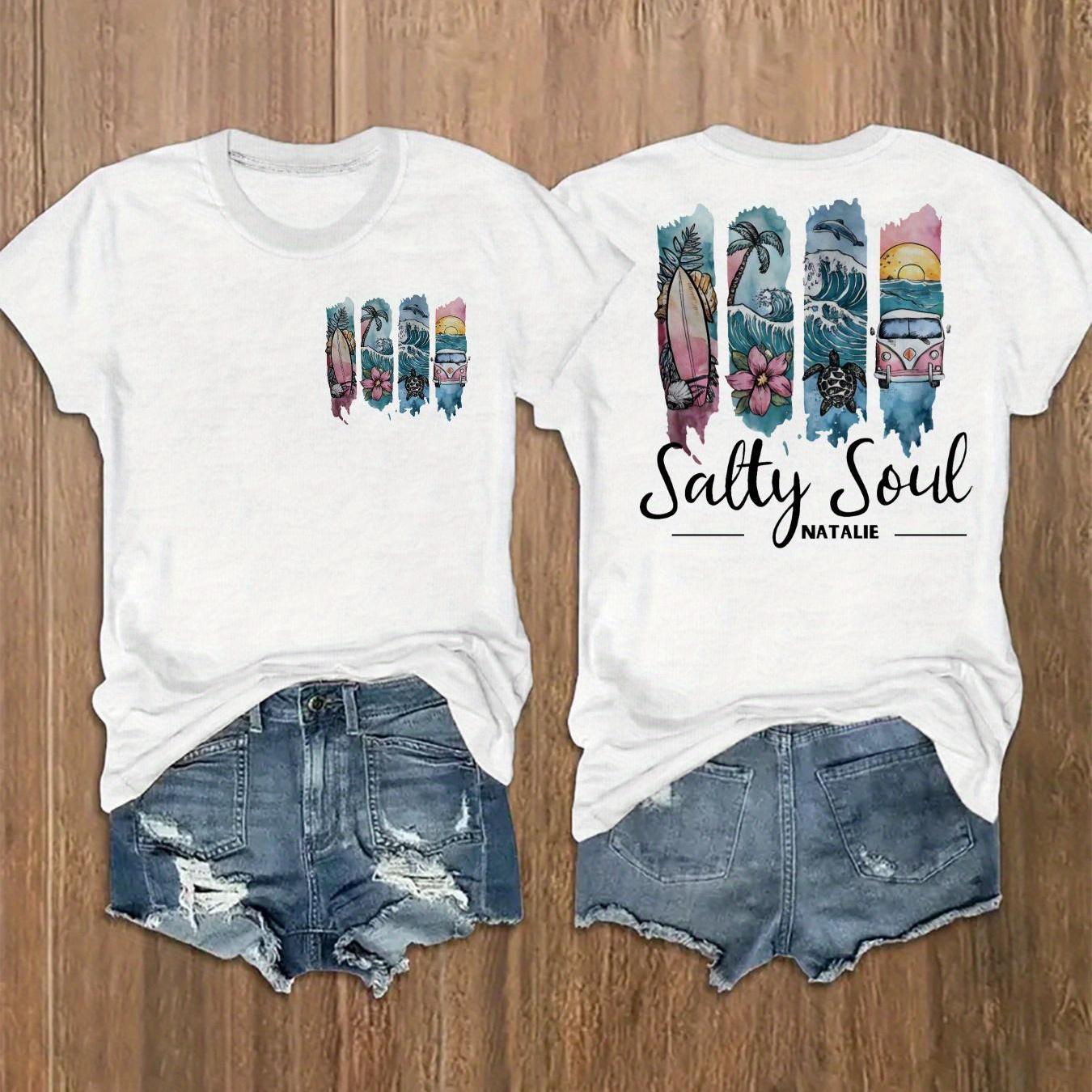 TEMU Women's Bohemian Print ' Soul' Pattern T- And Back , Soft Stretchy Crew Neck, Machine Washable