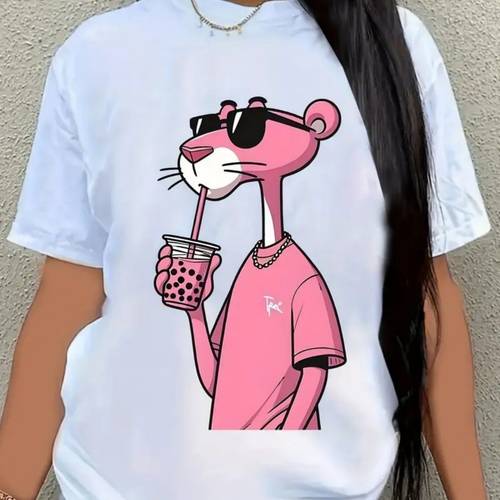 2024 summer cartoon print short sleeve t shirt features a panther in shades sipping boba 100 cotton breathable plus size round neck for women a fun and trendy