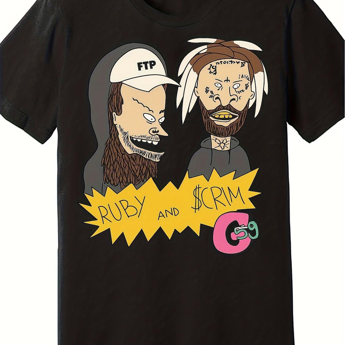 Anime Early 2000s Graphic Tee Men's Featuring A Graphic Print Of Boys Ruby& , Designed In A Yellow And Pink Comic Style. This Regular Fit, Short Sleeve Men Casual Wear , Plus Size