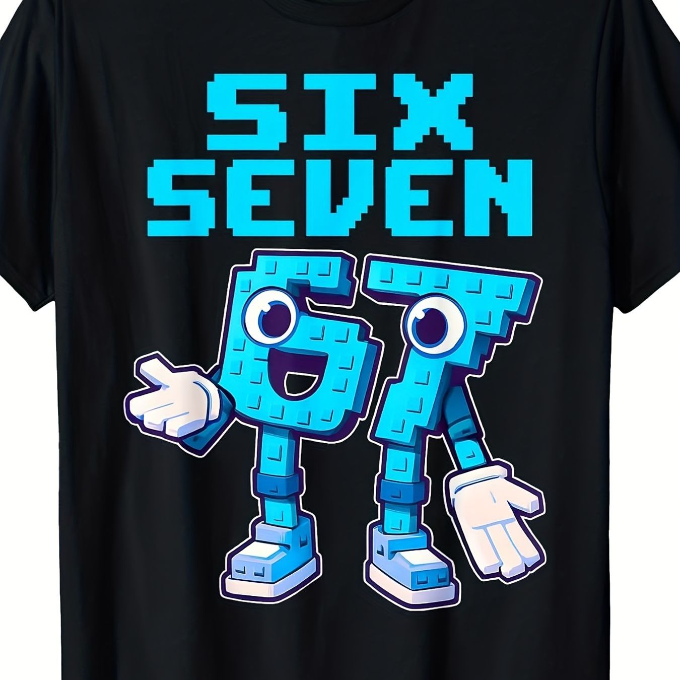 TEMU 6 Graphic T-shirt For Kids - Fun Vintage Style Black Tee With Pixelated Design And Friendly Block Characters '6' And '7' - Perfect For Playtime And Casual