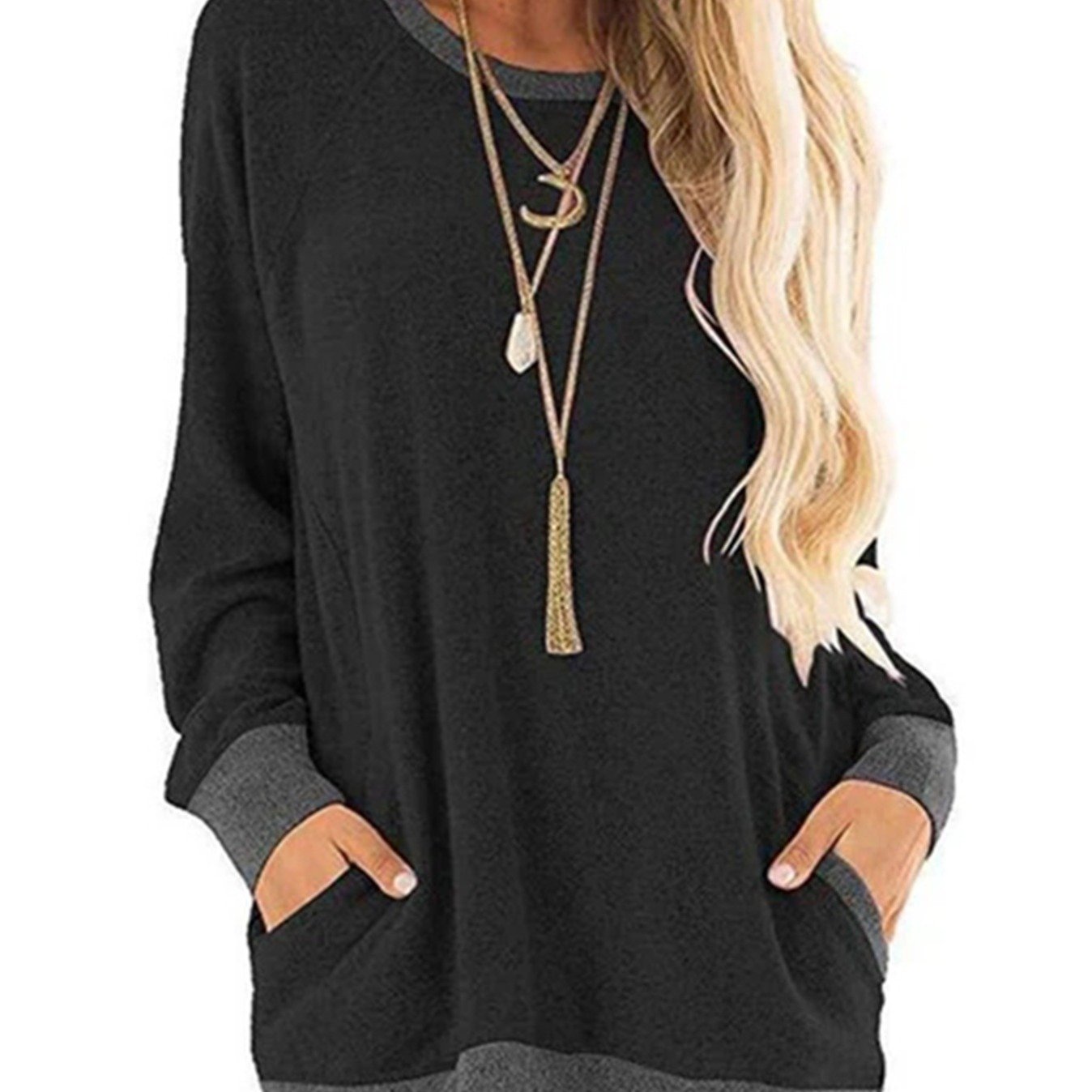 

Ladies' Casual Round Neck Raglan Sweatshirt, Contrasting Color Pocket Long Sleeve Sweatshirt Casual T-shirt, Women's Long Sleeve Stitching T Shirts, Crewneck Lightweight Sweatshirt