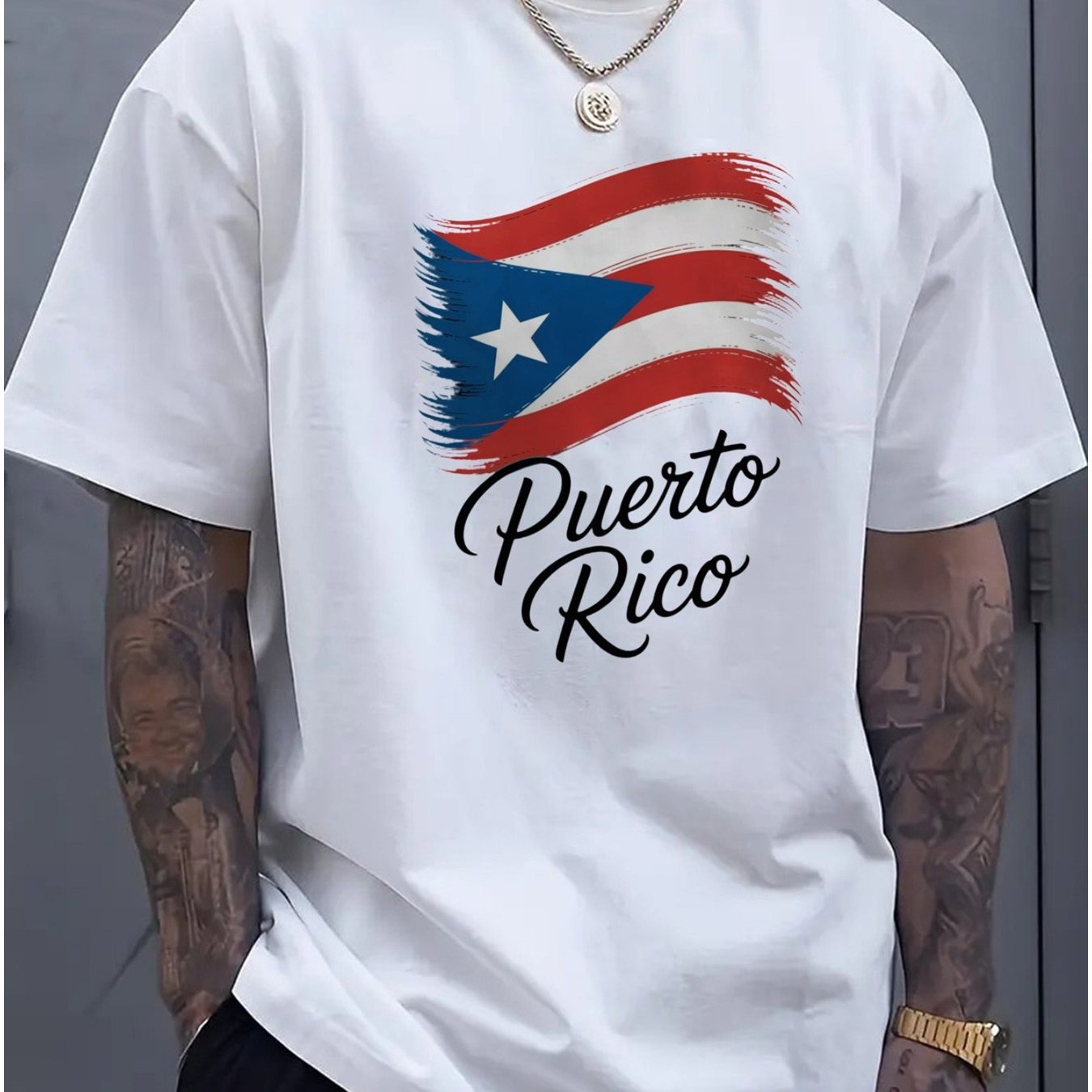 Men's Puerto Flag Pattern T-shirt - Puerto Pride Letter Print, Traditional Month And Cultural Event Soft - Machine Wash Casual, Patriotic , Short Sleeve Shirt, Fashionable Men's Wear