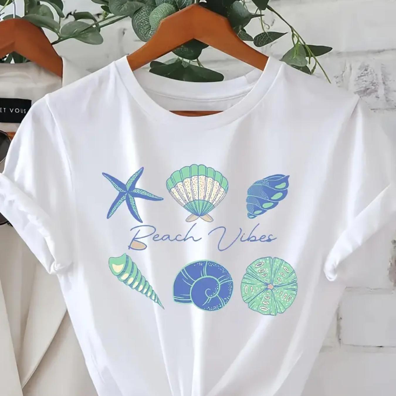 TEMU Graphic T-shirt - Casual White Tee With Rolled-up Sleeves, Colorful Sea Creatures Design Including Starfish And Shells, Top - In Plus Size For