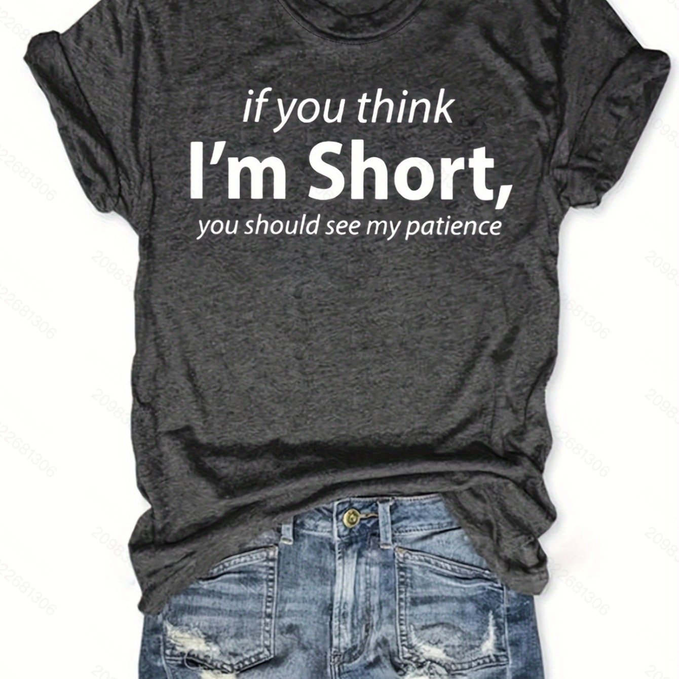 

I'm Short - Women's Chic Letter Print Tee - Comfy, Casual Short Sleeve Crew Neck T-shirt For Everyday Wear & Stylish Layering