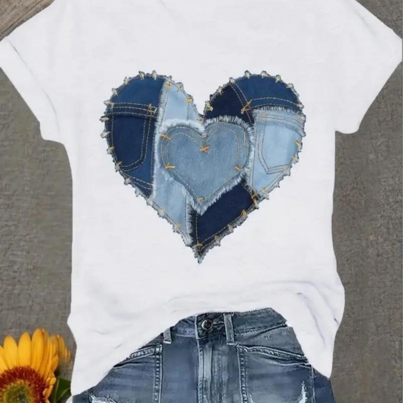 Heart Patch Denim Plus Size Women's T-shirt - Large Decorative From Denim, Rustic Textured Look, Perfect For Casual Summer