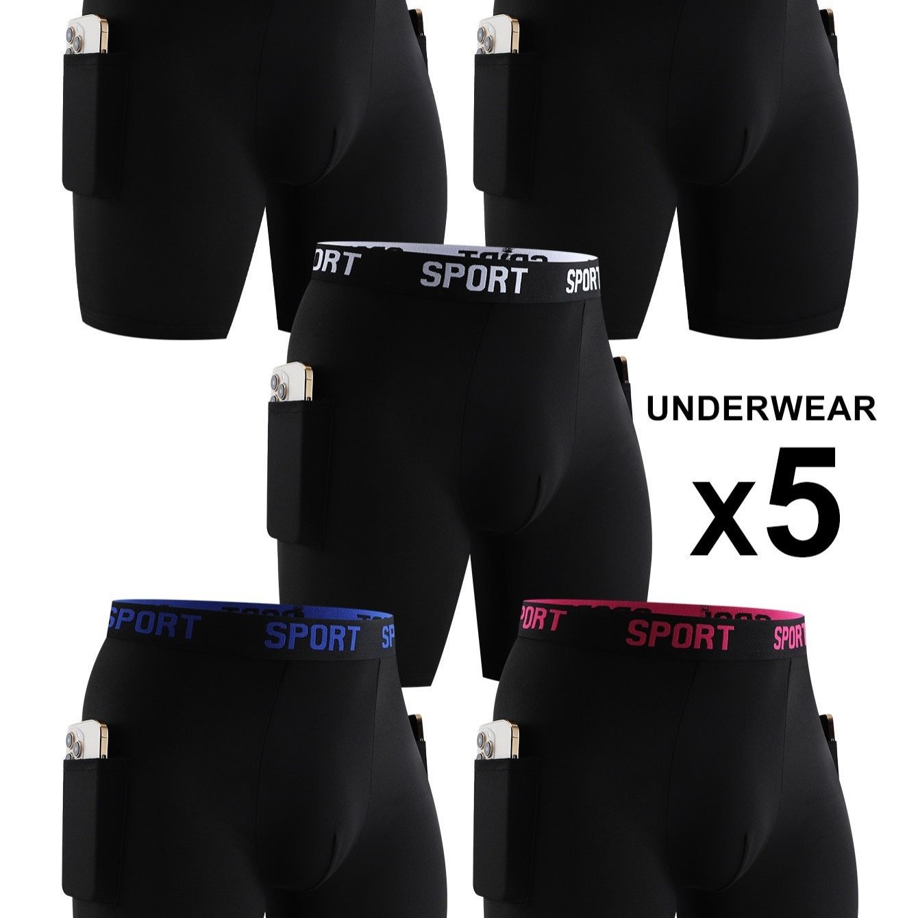 TEMU 5 Pack Men' Color / Letter Tape Stretchy Boxer Briefs, Casual Fit, Breathable, Moisture Absorption, Underwear With Pocket For Daily Wear, Men's