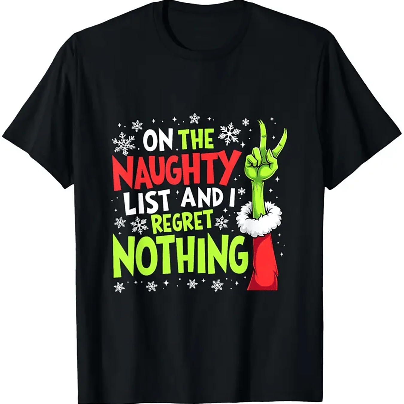 TEMU Men's Black 100% Cotton T-shirt Machine Washable Fade Resistant, "on The And I " Christmas Graphic With Gesture And Snowflakes, Edgy Holiday Tee