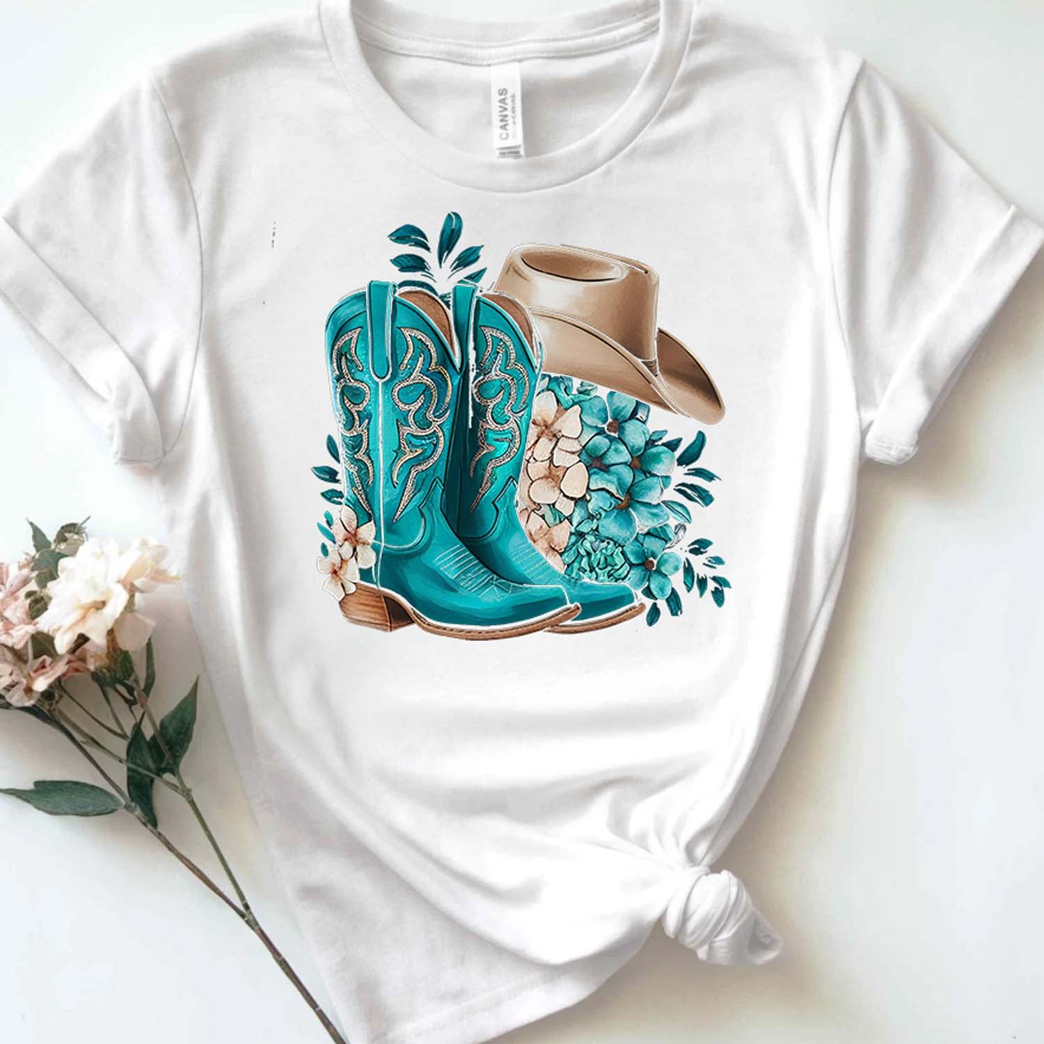 TEMU Women's Pure - Cotton White T - Shirt: Western Boots And Hat With Theme
