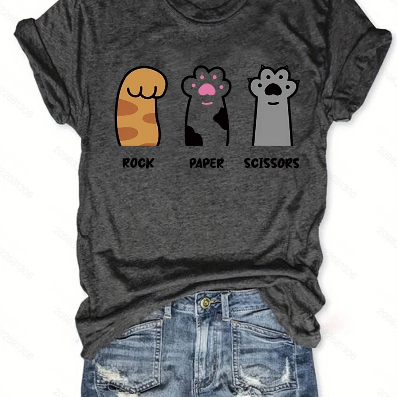 

Rock Paper Scissors - Cute Paws Women's Chic Print Tee - Comfy, Casual Short Sleeve Crew Neck T-shirt For Everyday Wear & Stylish Layering