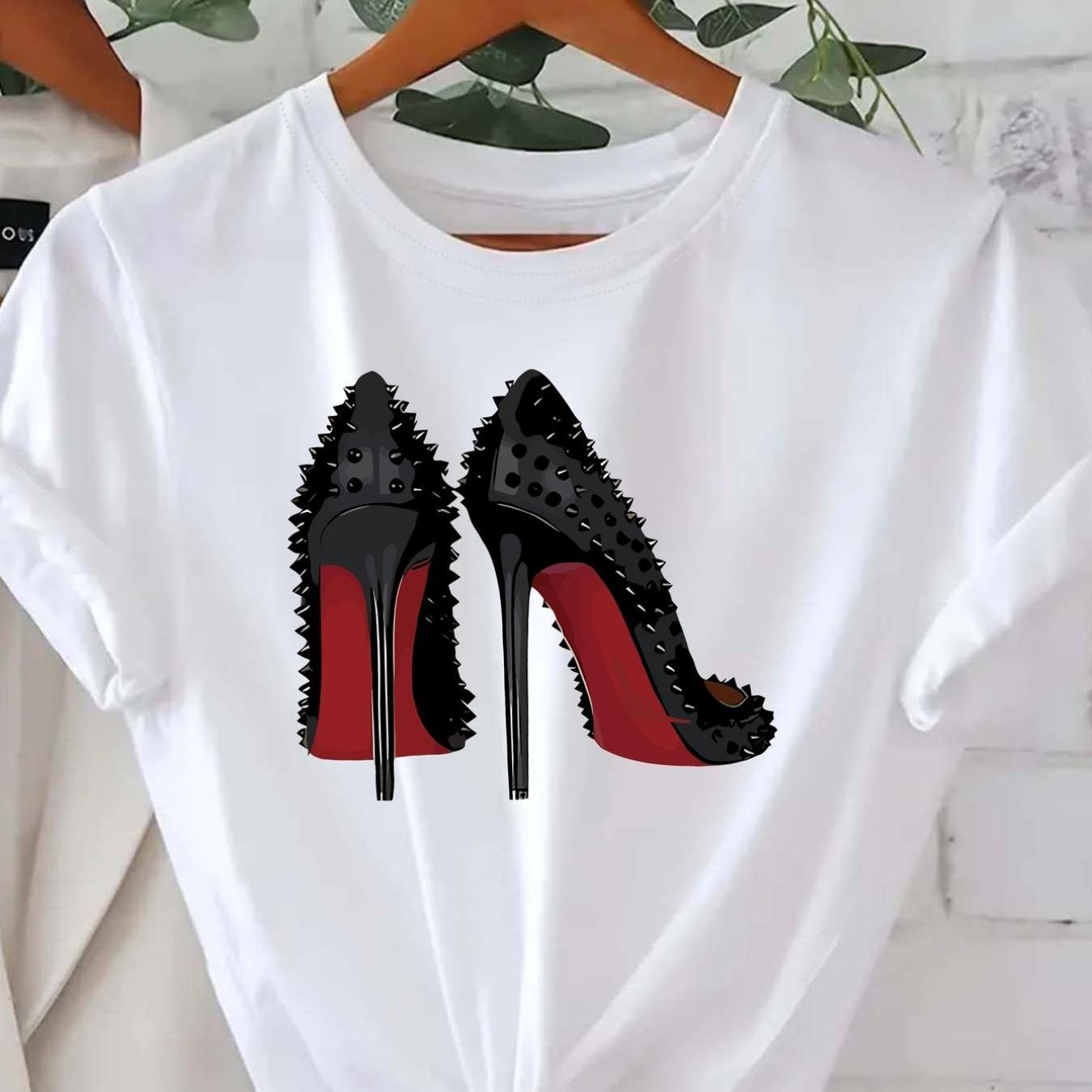 Women's Casual Short-sleeve T-shirt, High-heeled Shoes, Black High-heeled Shoe Print Short-sleeve, Loose Round Neck, White, Machine Washable, Spring/summer Top