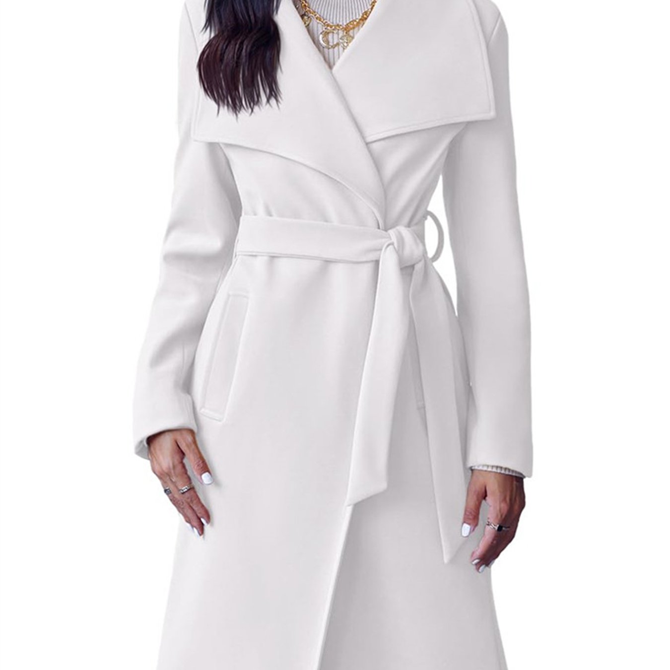 

Women's Lapel Pea Trench Coat Long Jacket Open Front Belted Overcoat With Belt