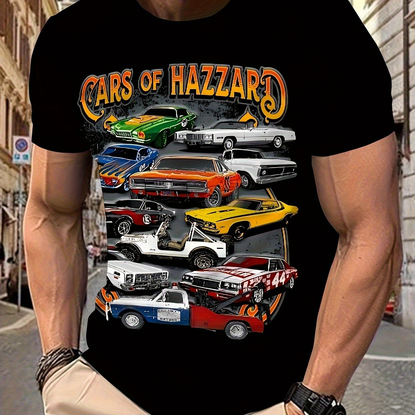 Cars Of Cars Graphic T-shirt - Plus Size Men's Urban Style Tee, Colorful Printed Design With Retro Vehicles, Casual Crew Neck Cotton Top For , Perfect Gift For Birthday, Holidays And Everyday Wear