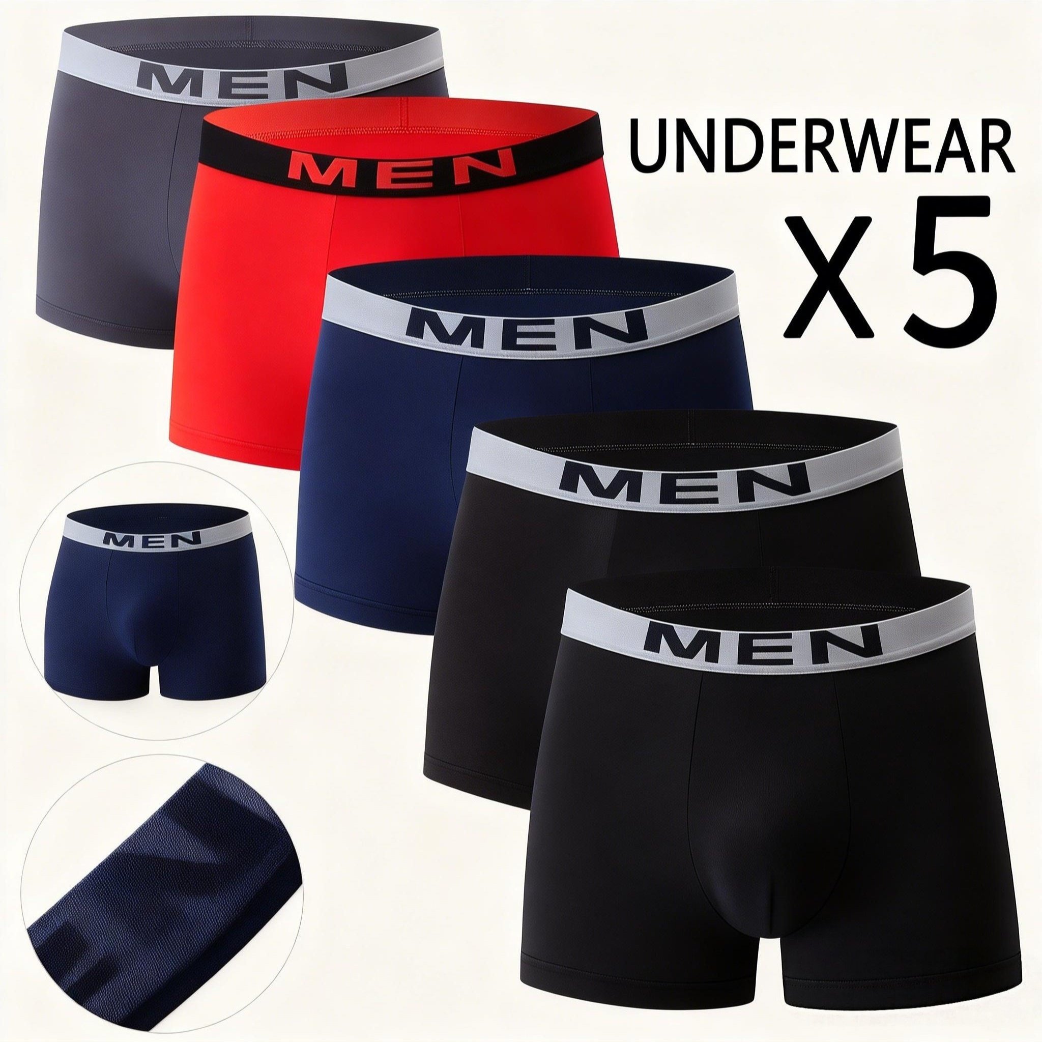 TEMU 5 Pieces Set Of Men's Breathable Boxer Underwear - Comfortable And Stretchy, Solid Color, Casual Sports Underwear Random Color