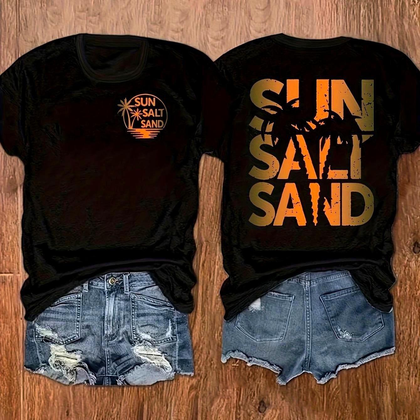 TEMU Sand Men'-sided Printed T-shirt - 100 Neck Short Sleeve Tee With Tree & " Sand" Text, Breathable Regular Fit Beachwear, Soft Casual Summer Shirt