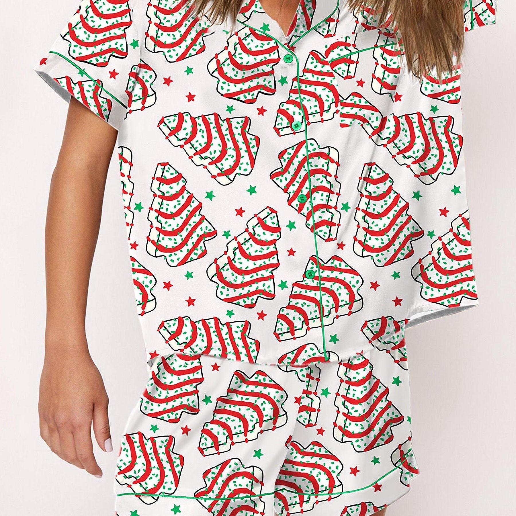 

Christmas Tree Cakes Pajama Set, Bright Patterns Printing, Soft And Smooth Short Sleeve Lapel Collar Top With Matching Shorts, Ideal For Sleepwear & Loungewear