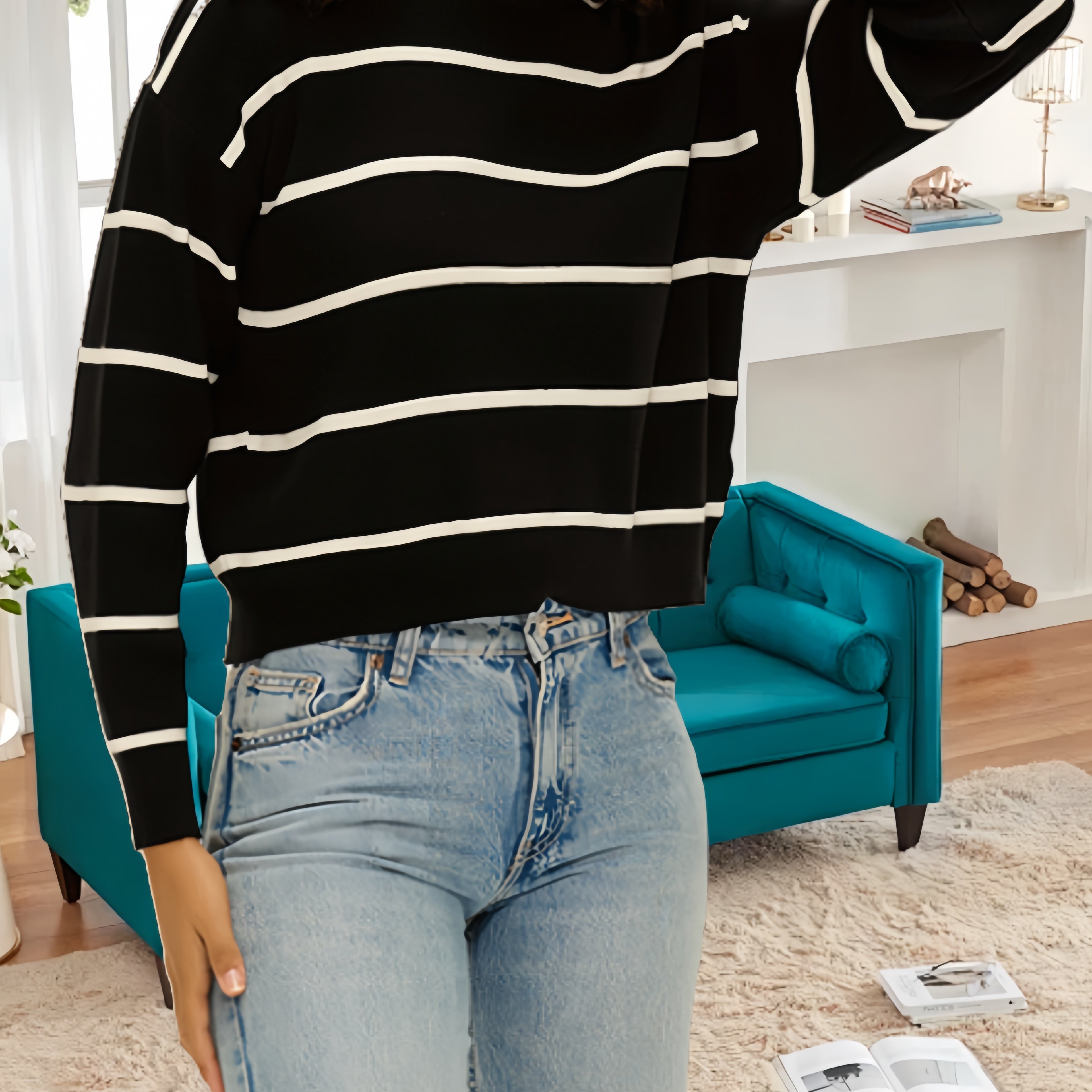 

Sweaters For Women 2024 Fall Casual Batwing Long Sleeve Crewneck Striped Knitted Pullover Sweater Tops