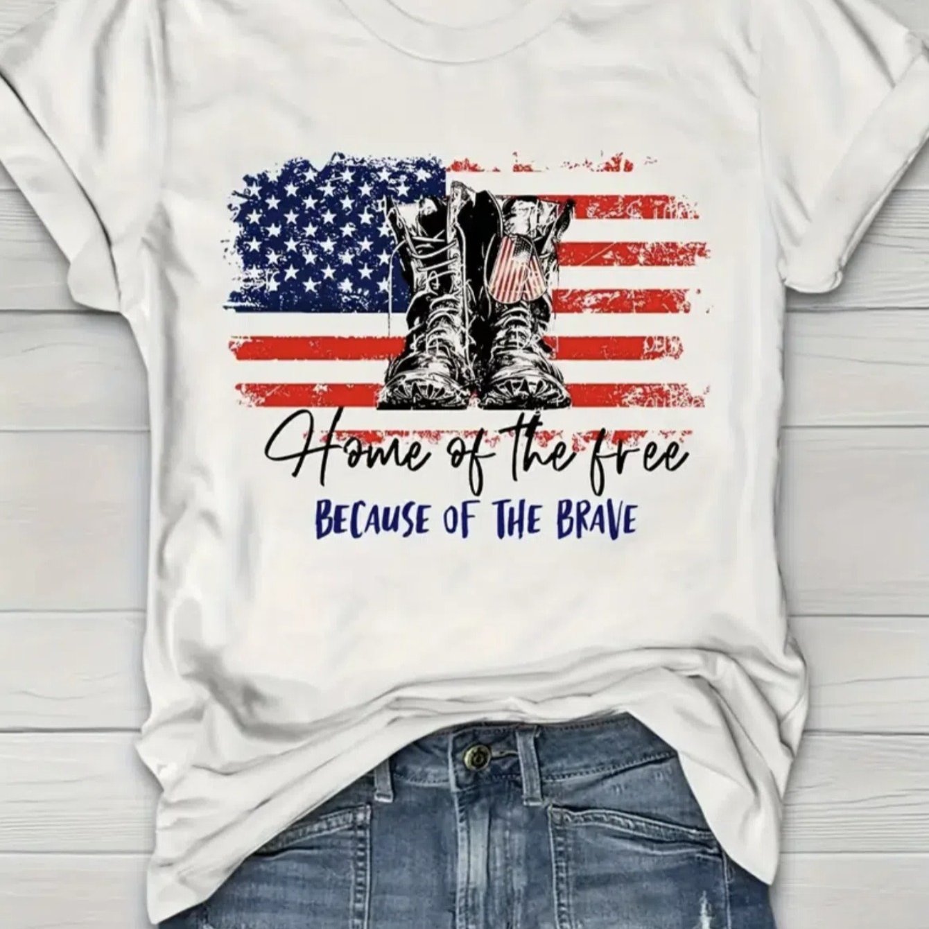 

Home Of The Free Us Flag - Women's Chic Flag Print Tee - Comfy, Casual Short Sleeve Crew Neck T-shirt For Everyday Wear & Stylish Layering