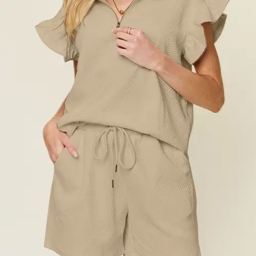 womens two piece sweatsuit set cozy textured zipped turn down collar short ruffle sleeves and drawstring shorts with suitable for fall daily wear outdoor vacation lounge