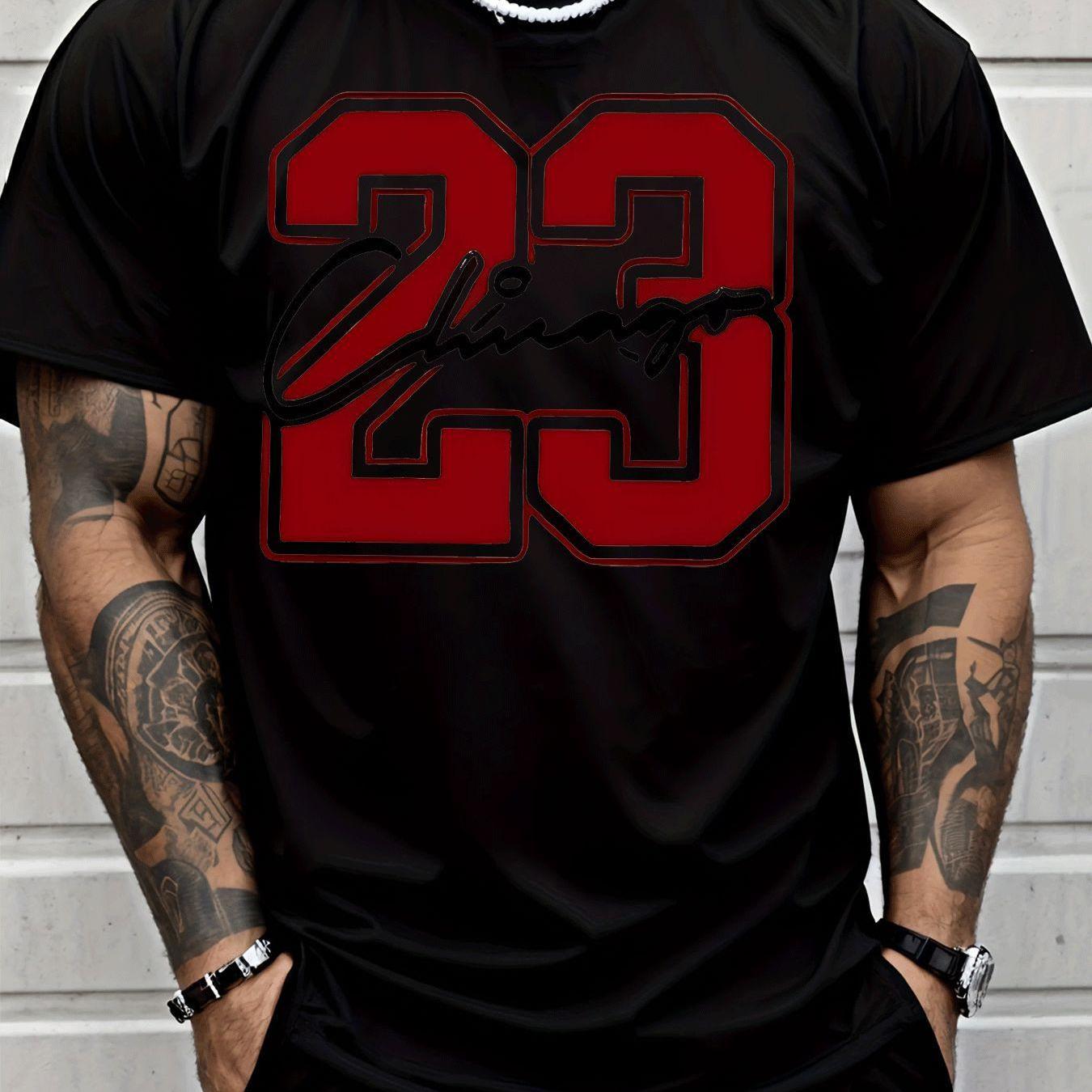 TEMU Men's Casual Graphic T-shirt With Red Number 23 And Signature Print Breathable, Moisture-wicking, Regular Fit Short Sleeve, Perfect For Sports,