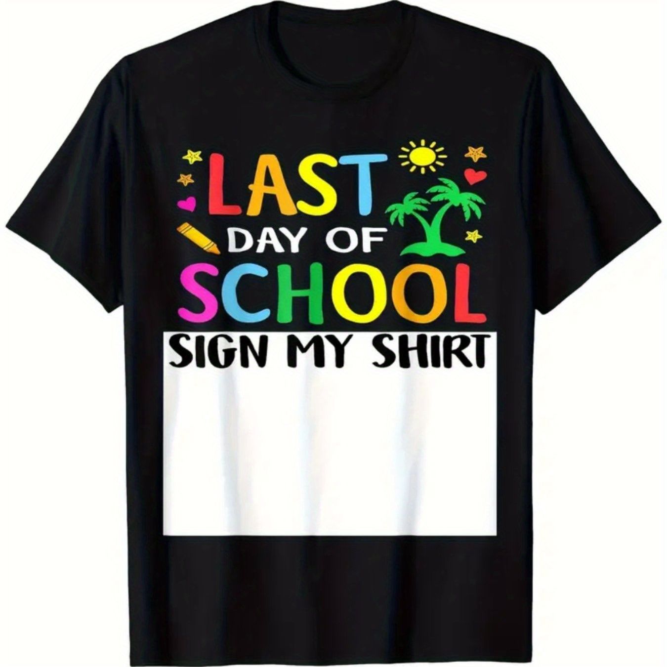TEMU Colorful ' Of School' Graphic T-shirt For Boys Ages 6-14 - Fun Casual Black Tee With Vibrant Designs, Featuring Palm Trees, Hearts, And Stars, Ideal For End Of School Year Celebrations And Summer