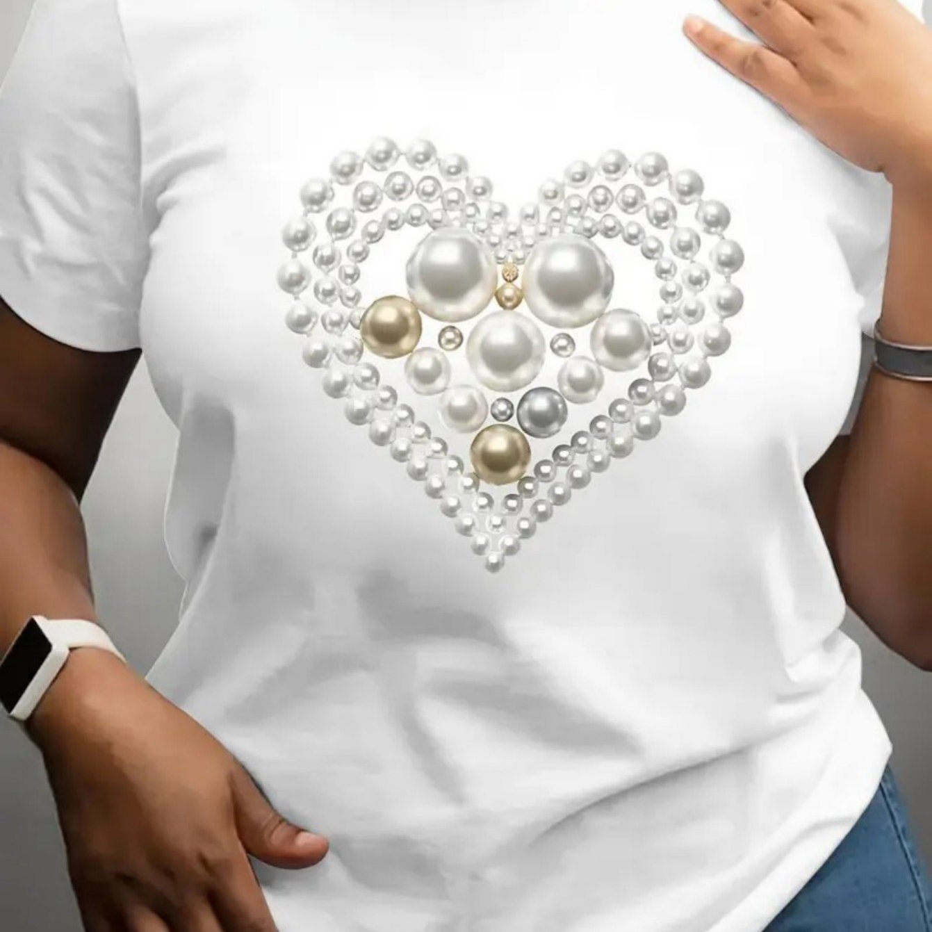 TEMU 【 Print, Not A Real Pearl】plus Size Women's Cotton Short - Sleeve T - Shirt. Features A Pearl - Heart Print. Machine Washable, Breathable And Loose - Fitting, Suitable For All .