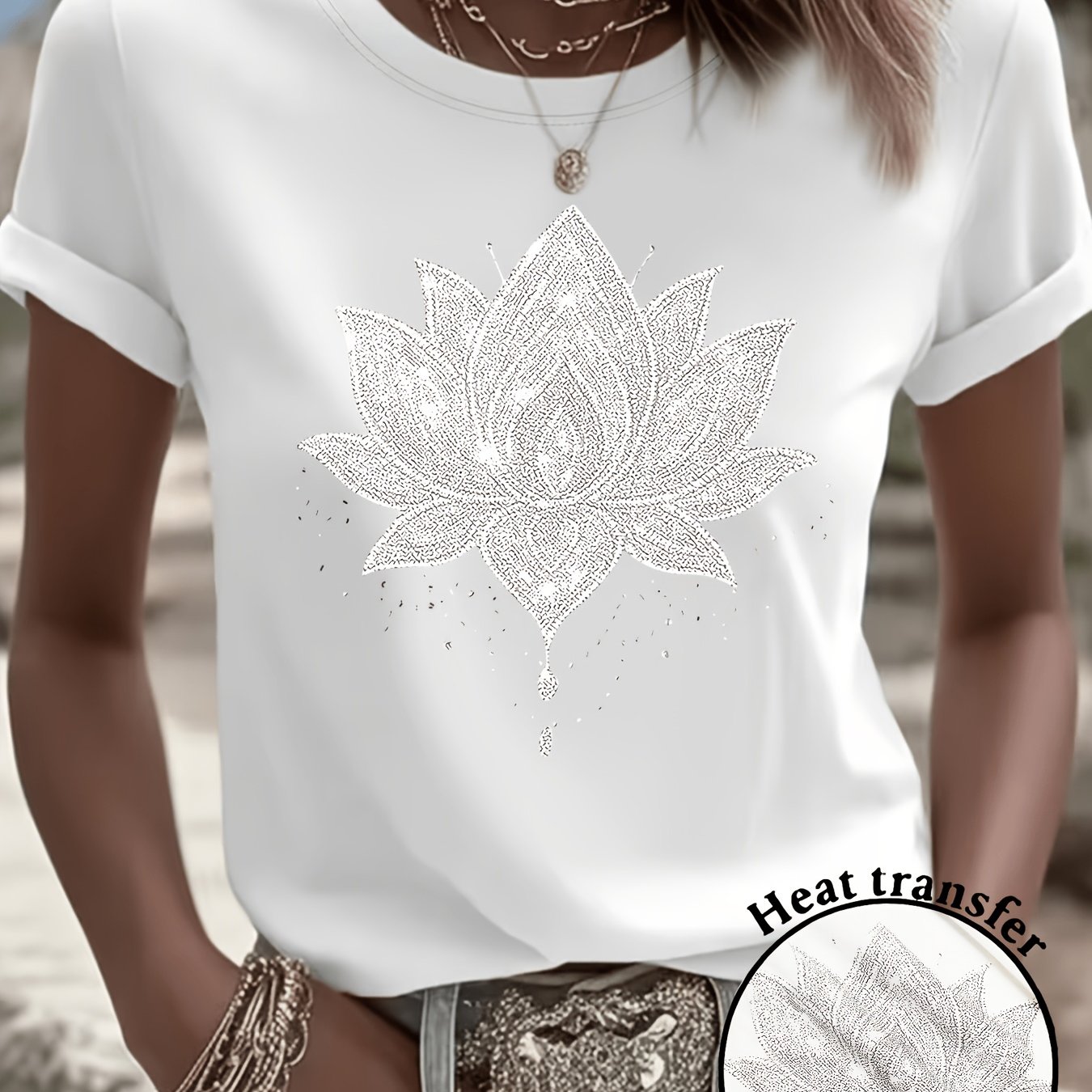 TEMU Plus Size Women' Short Sleeve Crew Neck T-shirt With Large Lotus Flower Graphic Loose Fit Summer Top