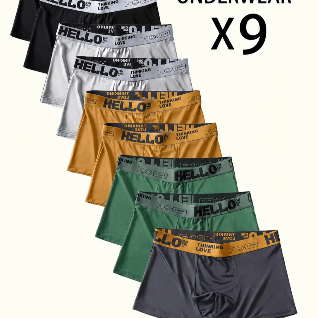 TEMU 9pcs Men's Boxer Briefs - Hello Print Letter Waistband - Soft Breathable Boxer Shorts, Solid Color, Breathable Quick-dry Fabric, Medium ,