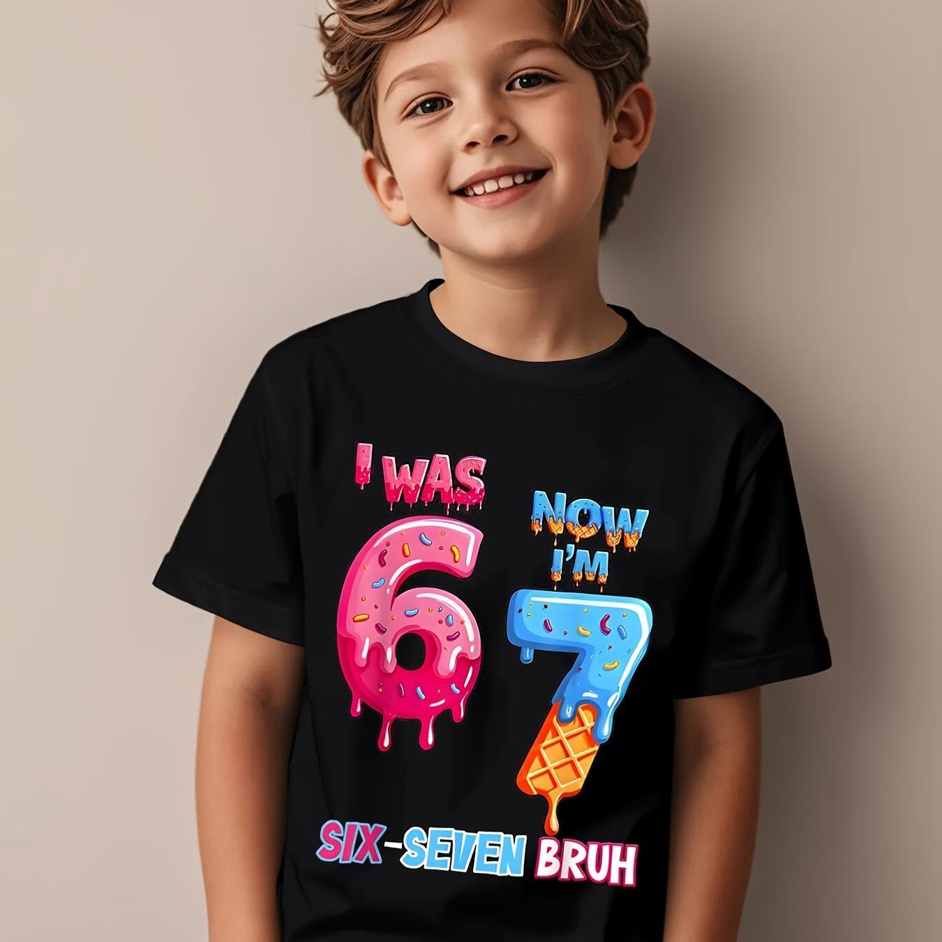TEMU Colorful 'i Was 6 Now I'm 7' Graphic T-shirt For Boys - Fun And Design Featuring Icing And Elements, Ideal Birthday Gift For Young Boys - Casual Crew Neck Tee Wear