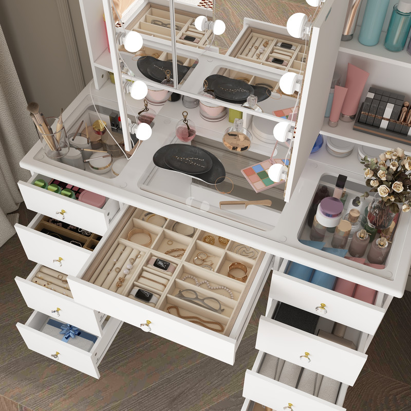 TEMU Coiffeuse Moderne avec et Rangement, Grande Coiffeuse de Maquillage avec 9 Tiroirs, Table de Toilette Moderne avec Étagères Cachées pour Chambre