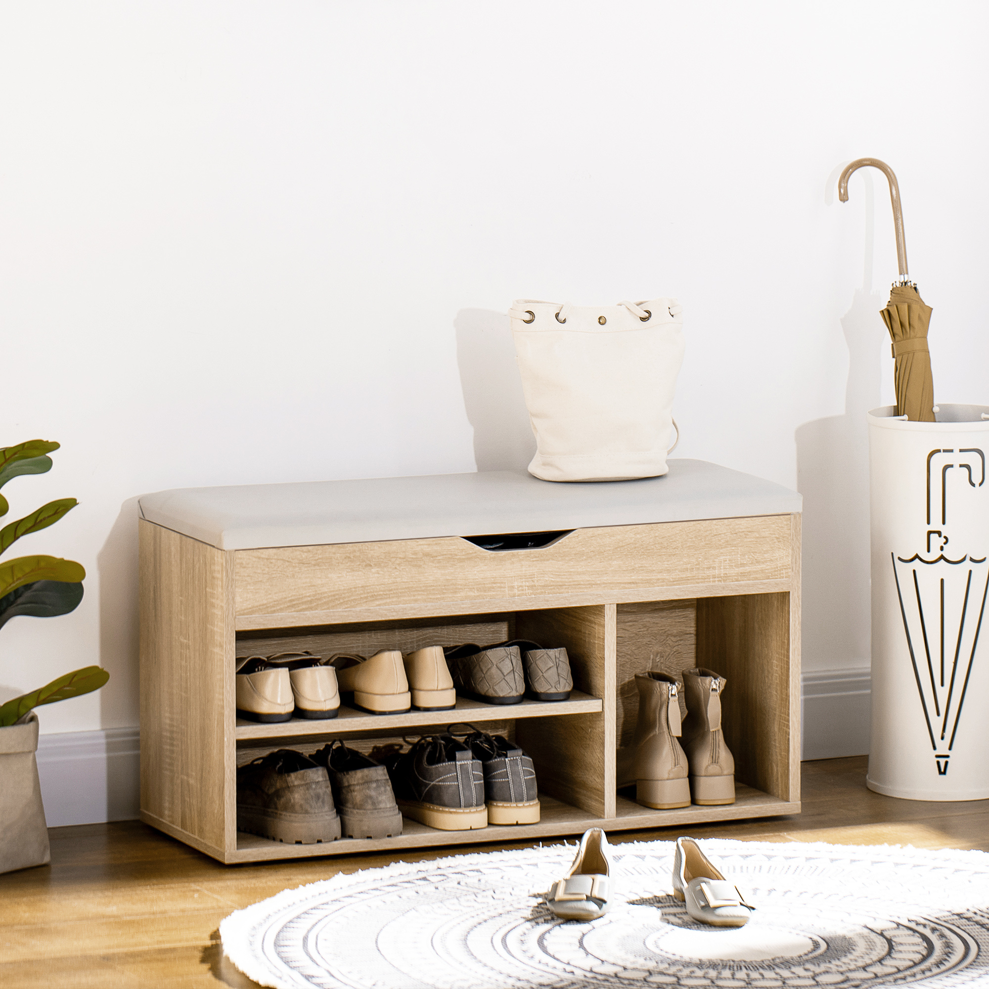 TEMU Banquette à Chaussures pour Entrée avec Coussin Rembourré pour Couloir, Naturel, Organisateur de Chaussures Polyvalent avec Rangement et Design