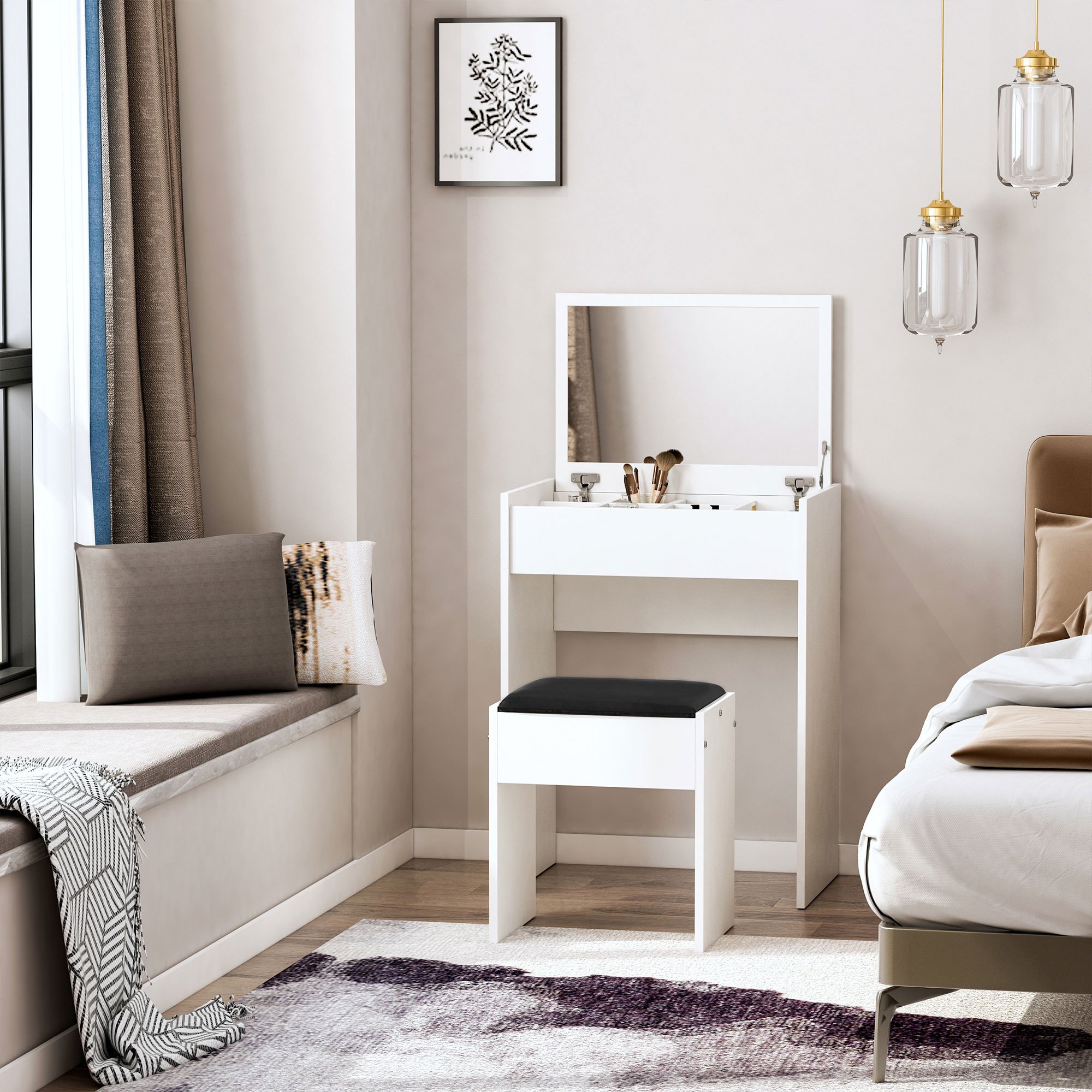 TEMU Ensemble de avec tabouret à , bureau de Cosmétique à couvercle coulissant pour chambre à coucher