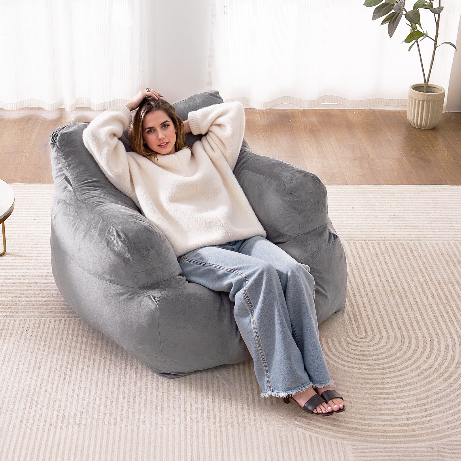 Hand Knitted Grey Knitted Bean Bag Round Ottoman Pouch REDEARTH