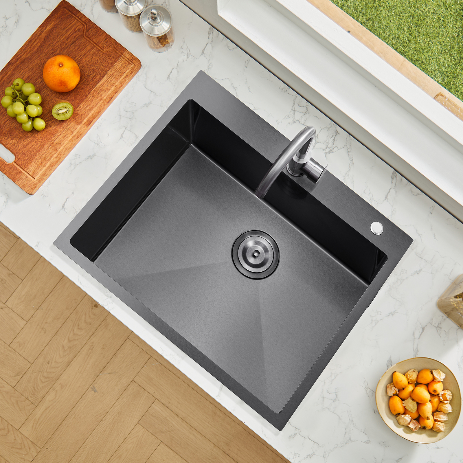   25 33 in kitchen sink   single bowl drop in basin stainless steel black