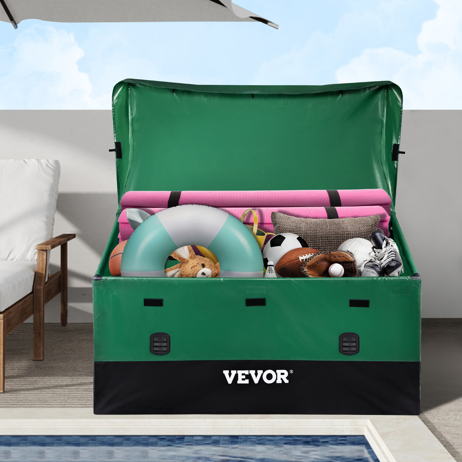 TEMU Boîte de rangement extérieure VEVOR, 150 gallons / 230 gallons, tarpauin en PE imperméable avec cadre galvanisé, protection toutes saisons et