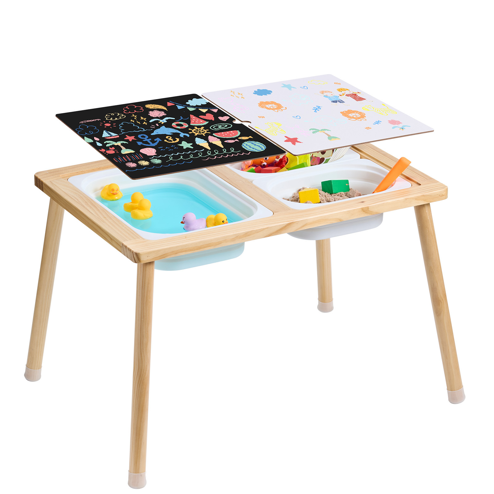 TEMU Table Sensorielle pour Enfants VEVOR en Bois avec 3 de Rangement / 1 Rouleau de Papier / 2 Chaises - Table de Jeu à Sable et Eau pour Intérieur