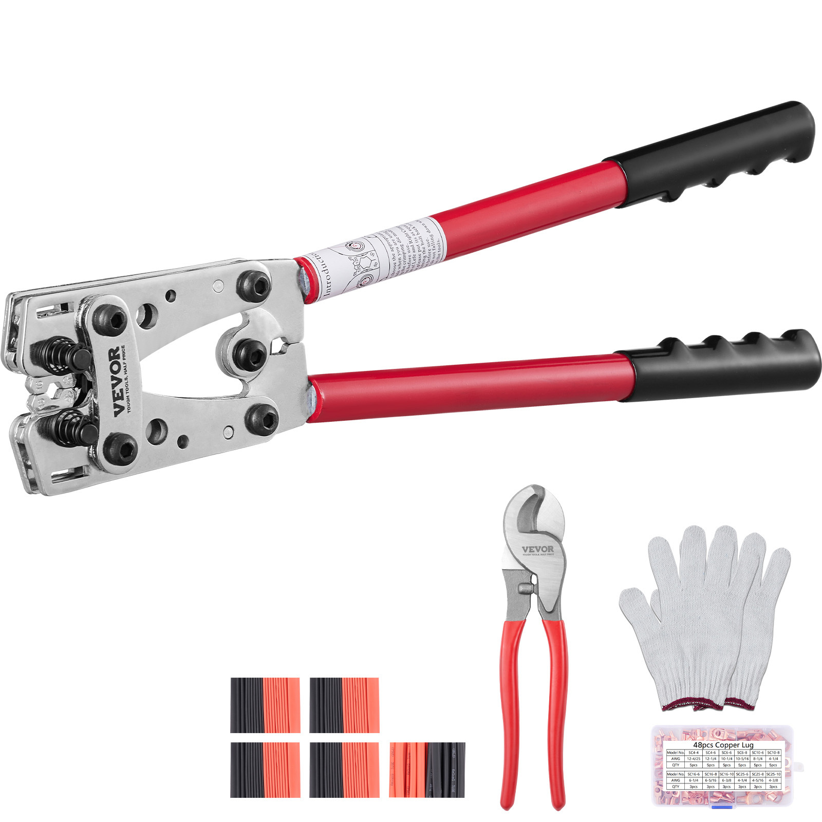 TEMU Vevor Crimping Tool, Awg10-1/0 Copper And Aluminum Terminal Battery Lug Crimper, 6 Wire Sizes Crimping Die, With A Cutting Pliers, Gloves, 48pcs