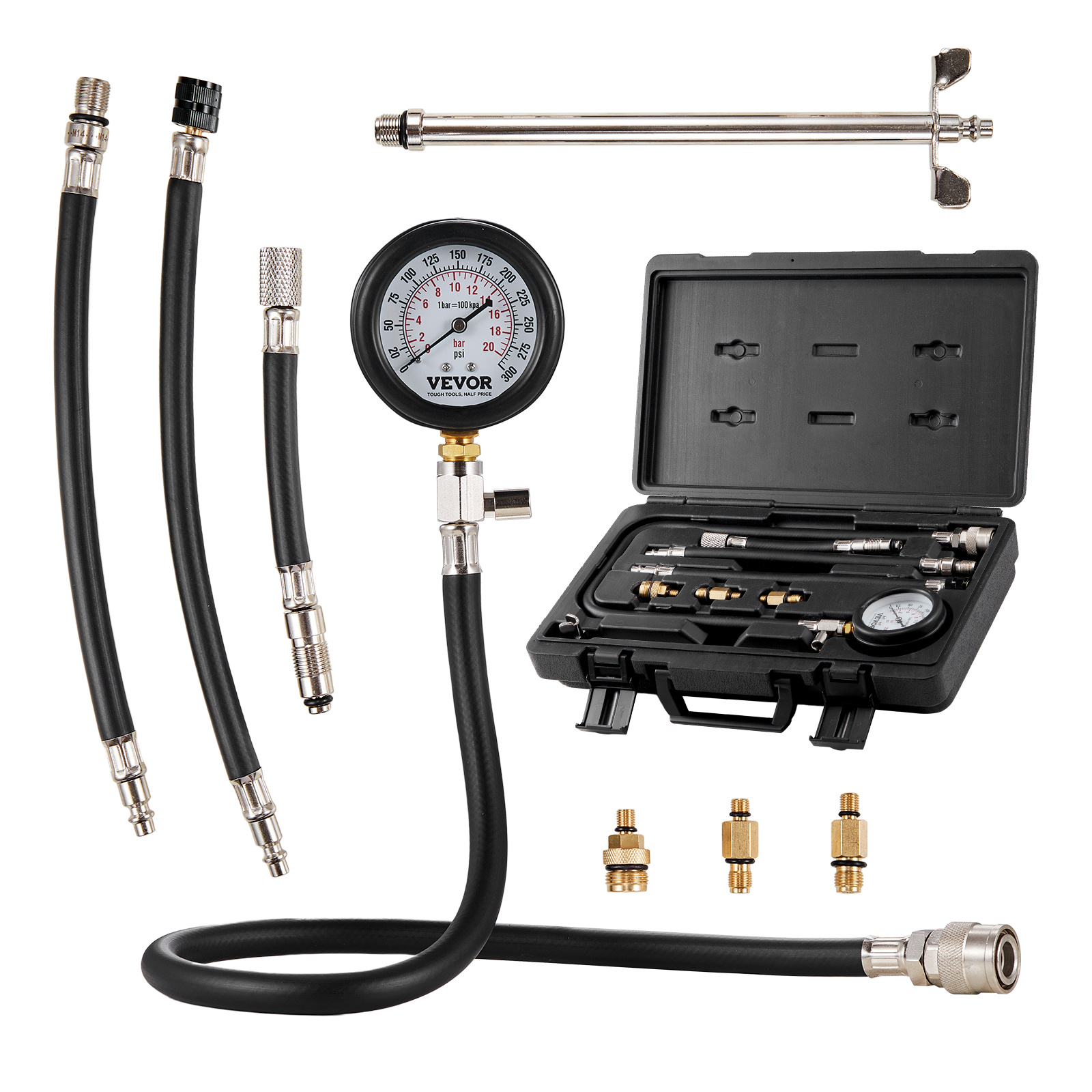TEMU Kit d'Adaptateur de Test de Compression VEVOR, 9 Pièces pour Test de Fuite de Cylindre de Moteur Automobile, Manomètre à Double Échelle Précis